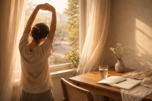 A calm morning scene showing gentle movement and habits that improve mood and emotional balance.