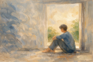 A hand-painted cinematic illustration of a solitary person sitting quietly near a sunlit window, surrounded by soft abstract thoughts fading into calm light, symbolizing overthinking transforming into mental peace.