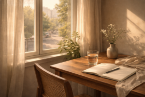 Early morning scene showing calm light and intentional habits that support mental health and emotional resilience.
